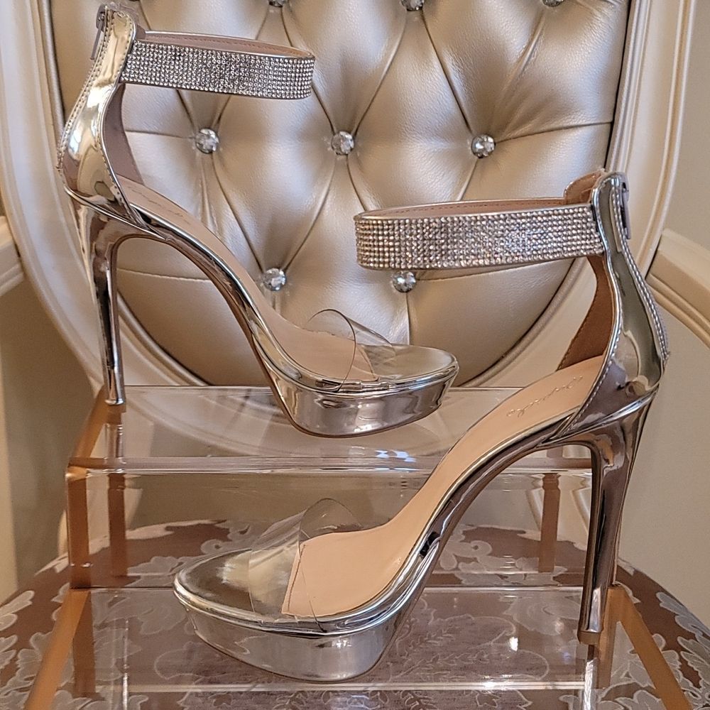 Qupid Silver Metallic Rhinestone Crystal Encrusted Ankle Strap Platform Heels